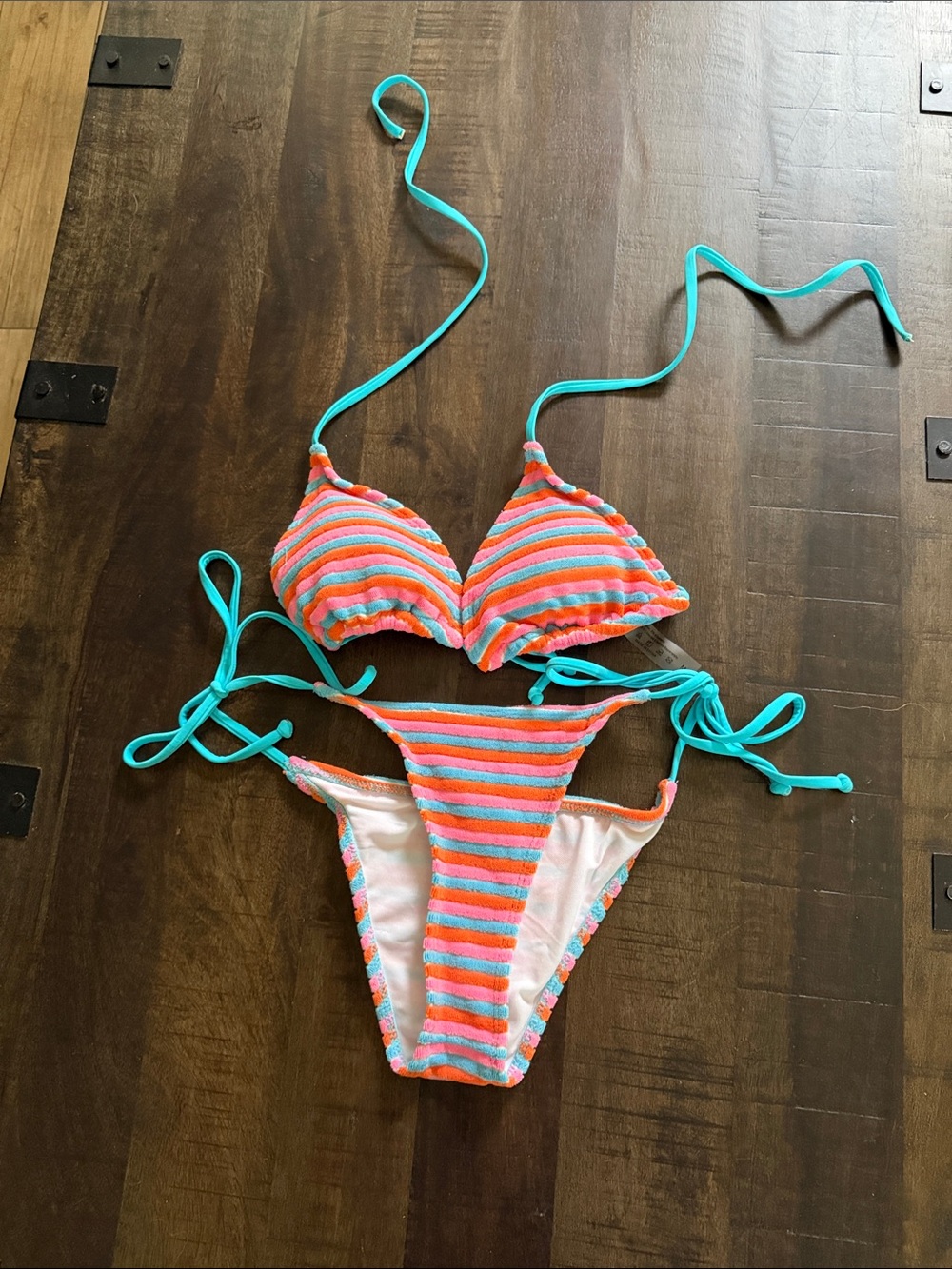Striped Tie-Side Bikini Set in Coral, Aqua & White